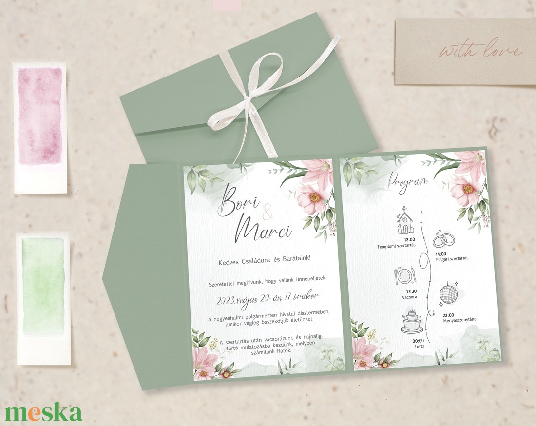 Borítékba hajtott zöld rózsaszín virágos esküvői meghívó - esküvő - meghívó & kártya - meghívó - Meska.hu