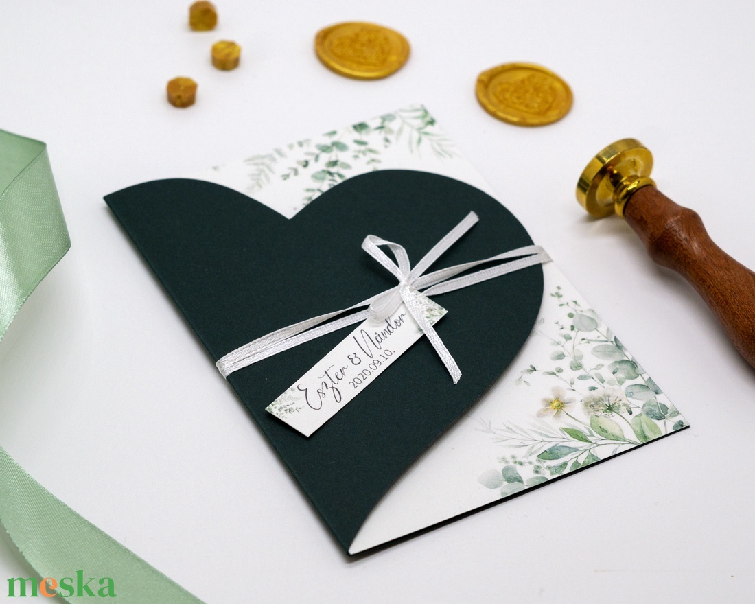 Szív borítású zöld esküvői meghívó - esküvő - meghívó & kártya - meghívó - Meska.hu