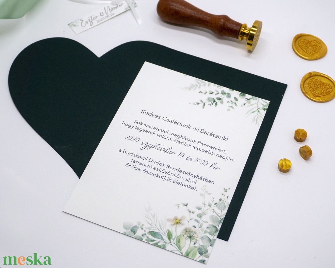 Szív borítású zöld esküvői meghívó - esküvő - meghívó & kártya - meghívó - Meska.hu