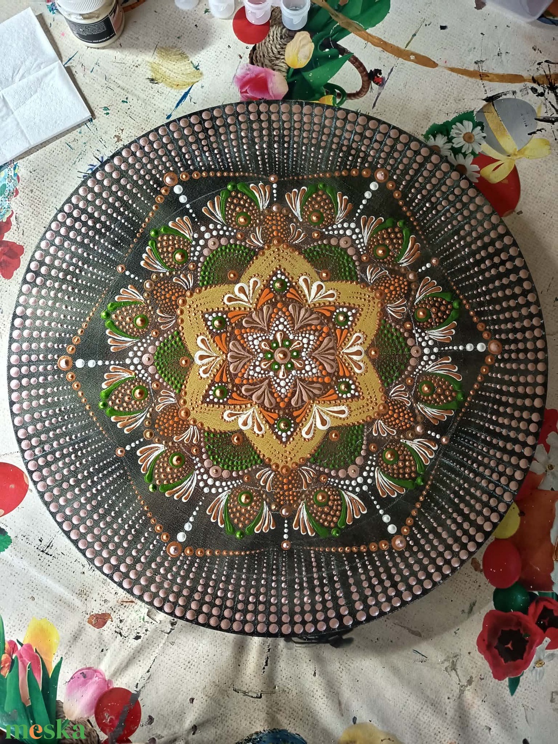 Zöld-arany mandala - művészet - festmény - akril - Meska.hu