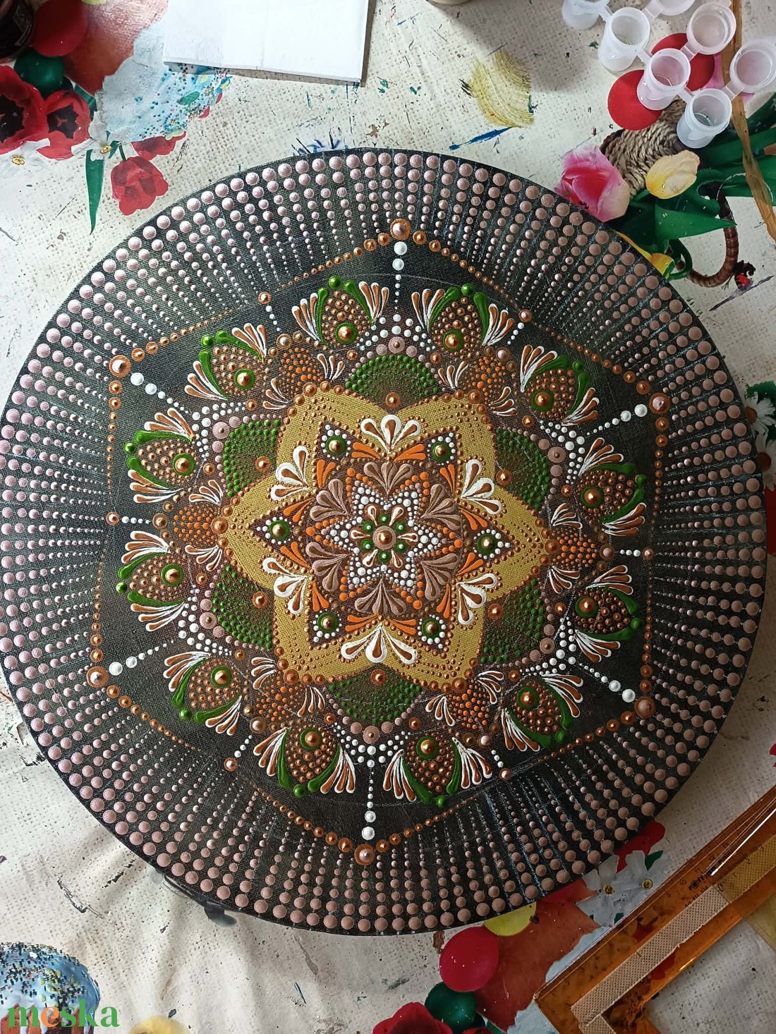 Zöld-arany mandala - művészet - festmény - akril - Meska.hu