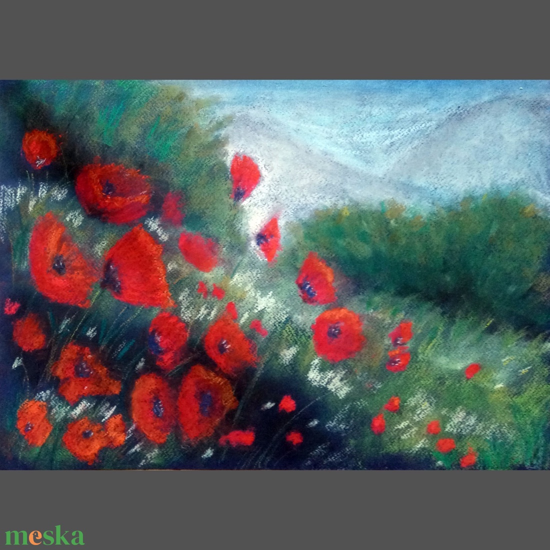 Domboldal pipacsokkal - művészet - festmény - pasztell - Meska.hu