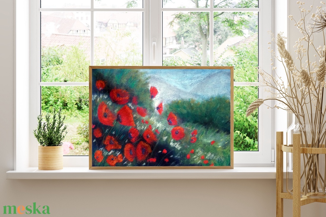 Domboldal pipacsokkal - művészet - festmény - pasztell - Meska.hu