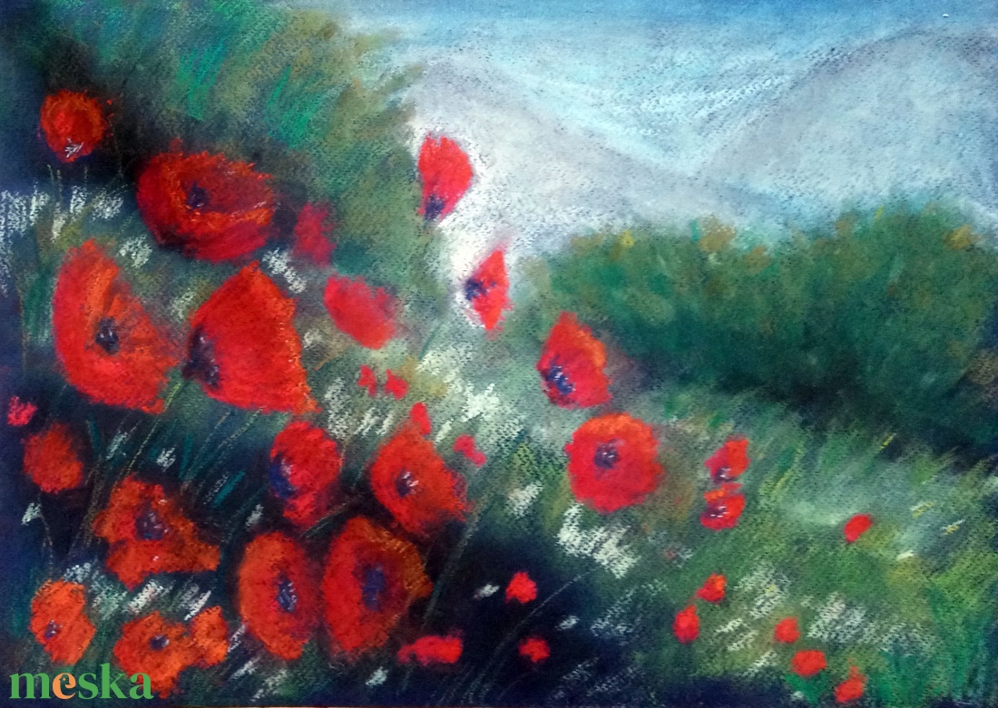 Domboldal pipacsokkal - művészet - festmény - pasztell - Meska.hu