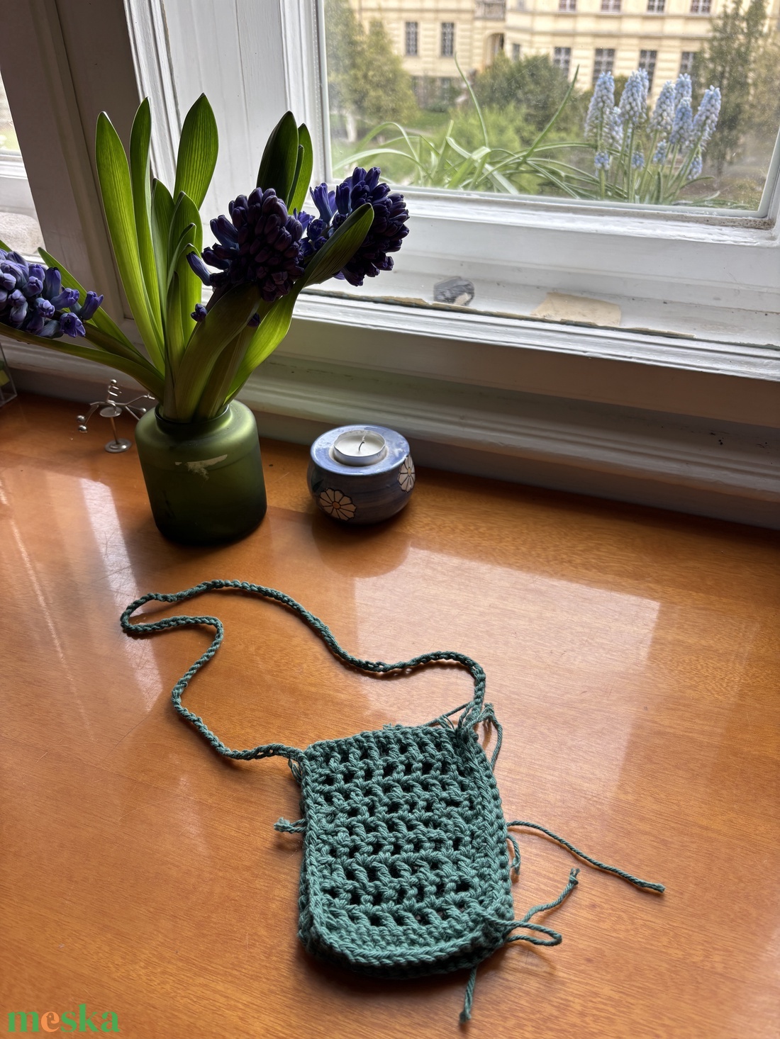 horgolt zöld kis táska, telefontartó - táska & tok - pénztárca & más tok - telefontok - Meska.hu