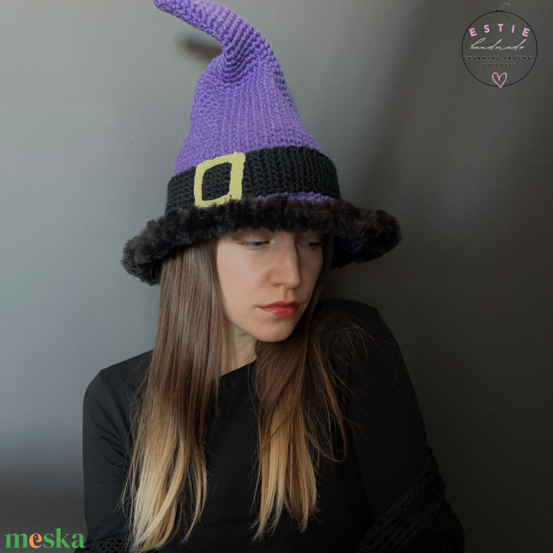Lila Horgolt Boszorkány Kalap � Farsangi, Fekete Szőrös Peremmel, Handmade, Kézműves - ruha & divat - sál, sapka, kendő - kalap - Meska.hu