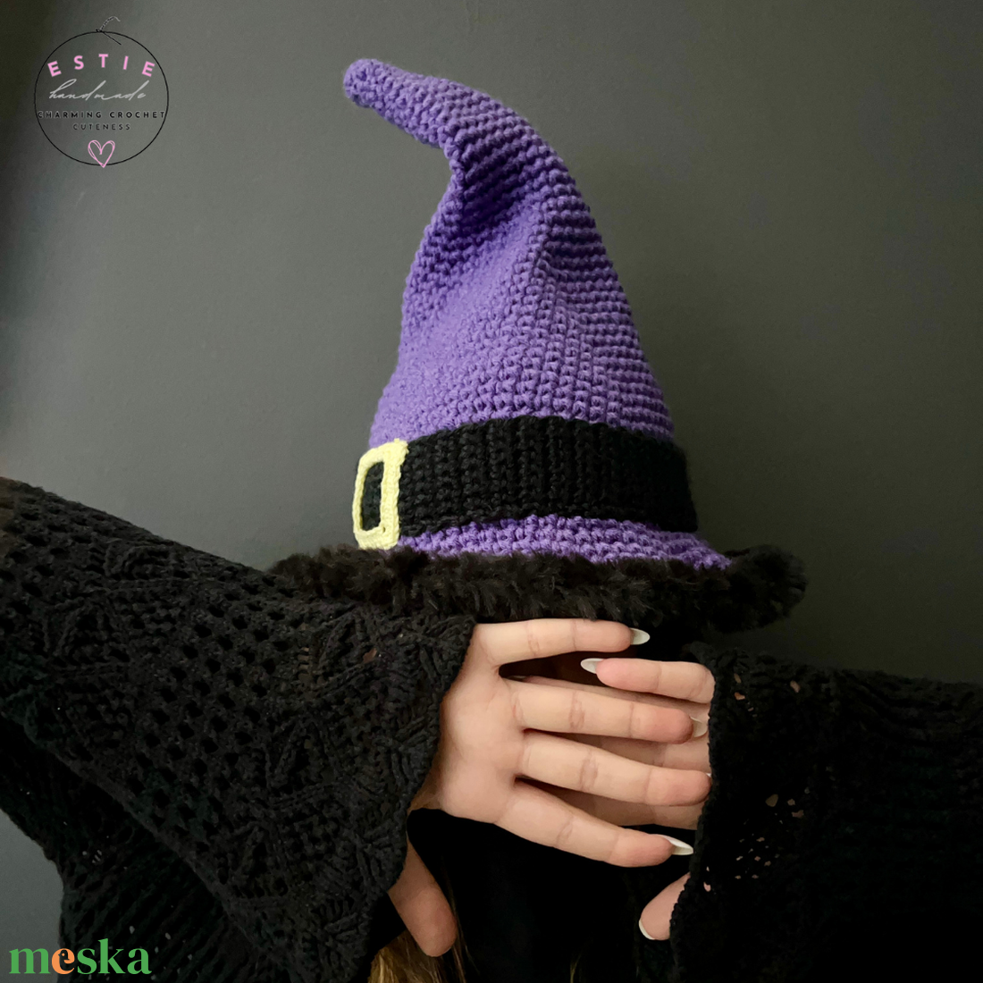 Lila Horgolt Boszorkány Kalap � Farsangi, Fekete Szőrös Peremmel, Handmade, Kézműves - ruha & divat - sál, sapka, kendő - kalap - Meska.hu