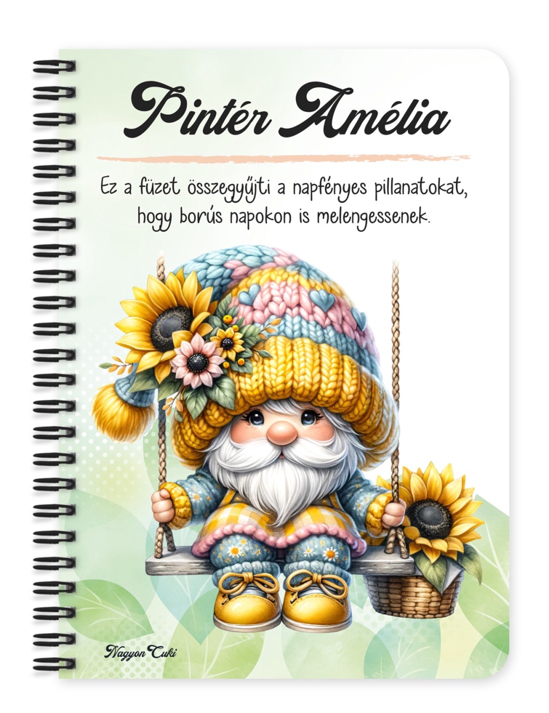 Személyre szabható - Szép szemű hintázó napraforgós manó mintás A5-ös füzet - otthon & életmód - papír, írószer - jegyzetfüzet & napló - Meska.hu
