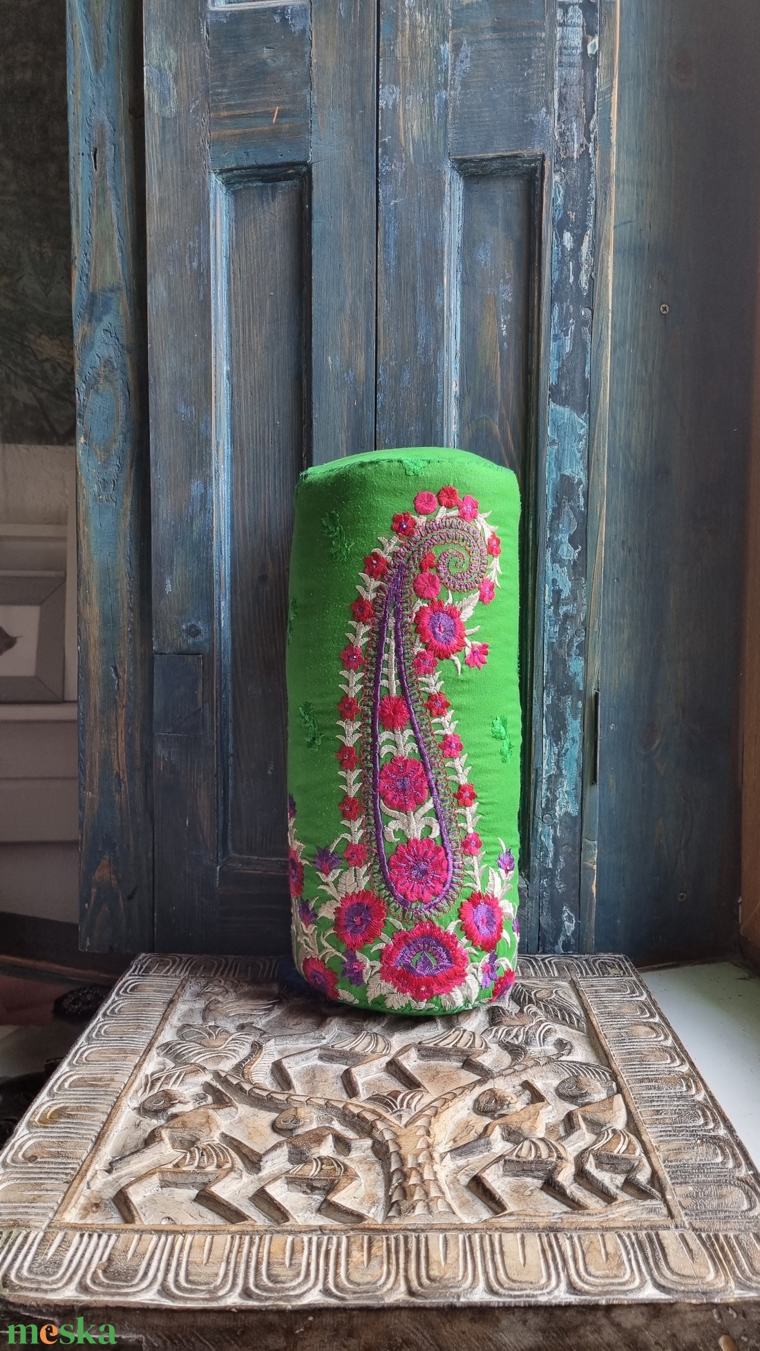 Mexikó csodája-hímzett hengerpárna  zöld/pink/lila - otthon & lakás - lakástextil - párna & párnahuzat - Meska.hu