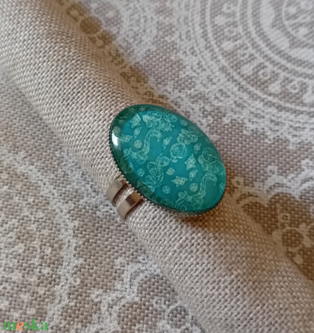 Türkiz virágos gyűrű - ékszer - gyűrű - üveglencsés gyűrű - Meska.hu