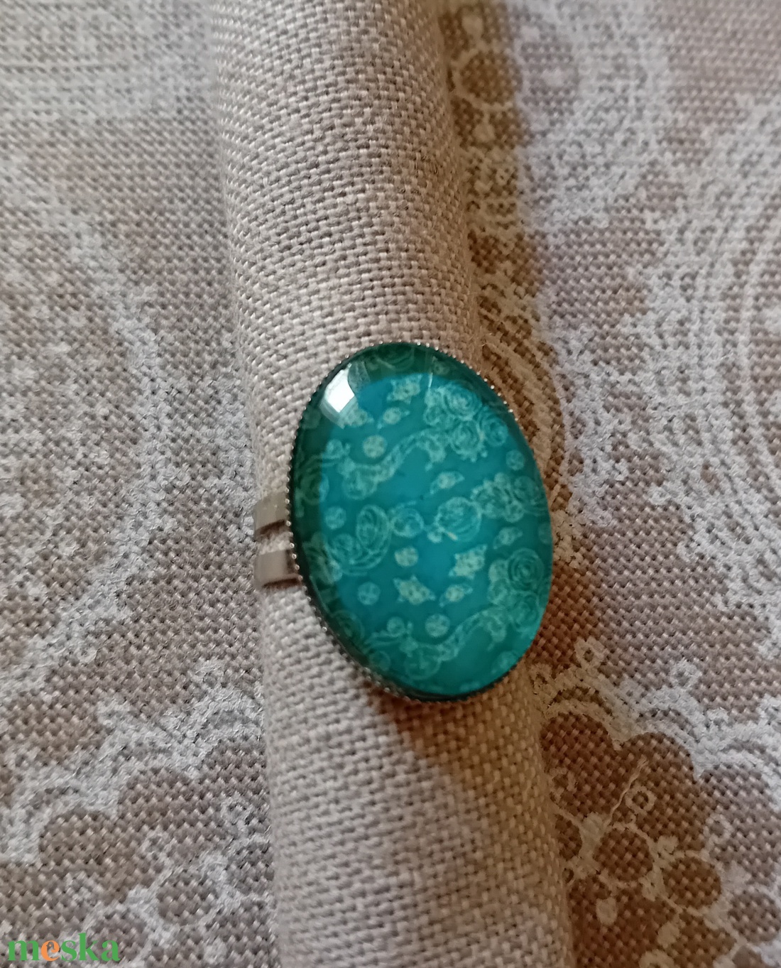 Türkiz virágos gyűrű - ékszer - gyűrű - üveglencsés gyűrű - Meska.hu