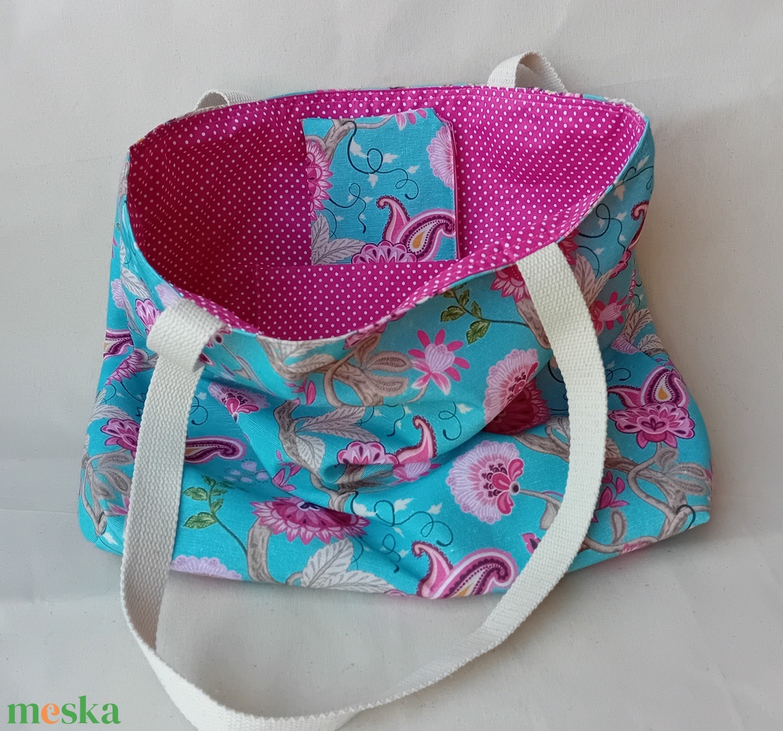 Türkiz-magenta virágos táska neszesszerrel - táska & tok - bevásárlás & shopper táska - shopper, textiltáska, szatyor - Meska.hu