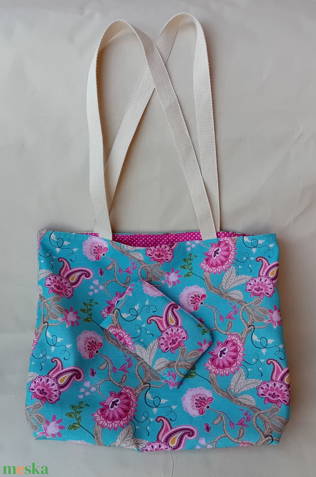 Türkiz-magenta virágos táska neszesszerrel - táska & tok - bevásárlás & shopper táska - shopper, textiltáska, szatyor - Meska.hu