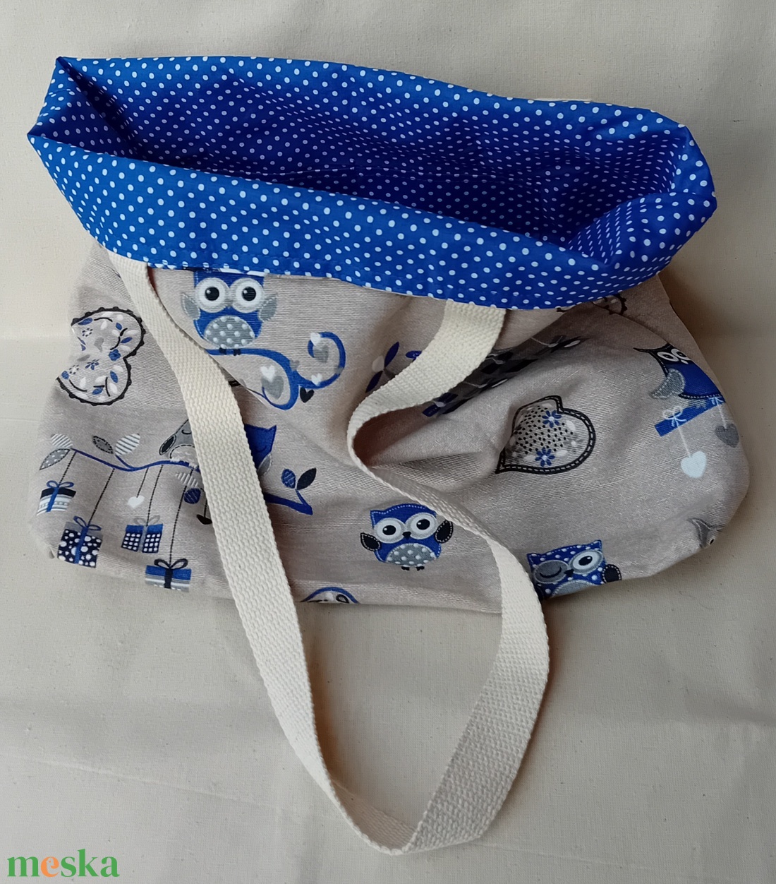 Kék baglyos táska neszesszerrel - táska & tok - bevásárlás & shopper táska - shopper, textiltáska, szatyor - Meska.hu
