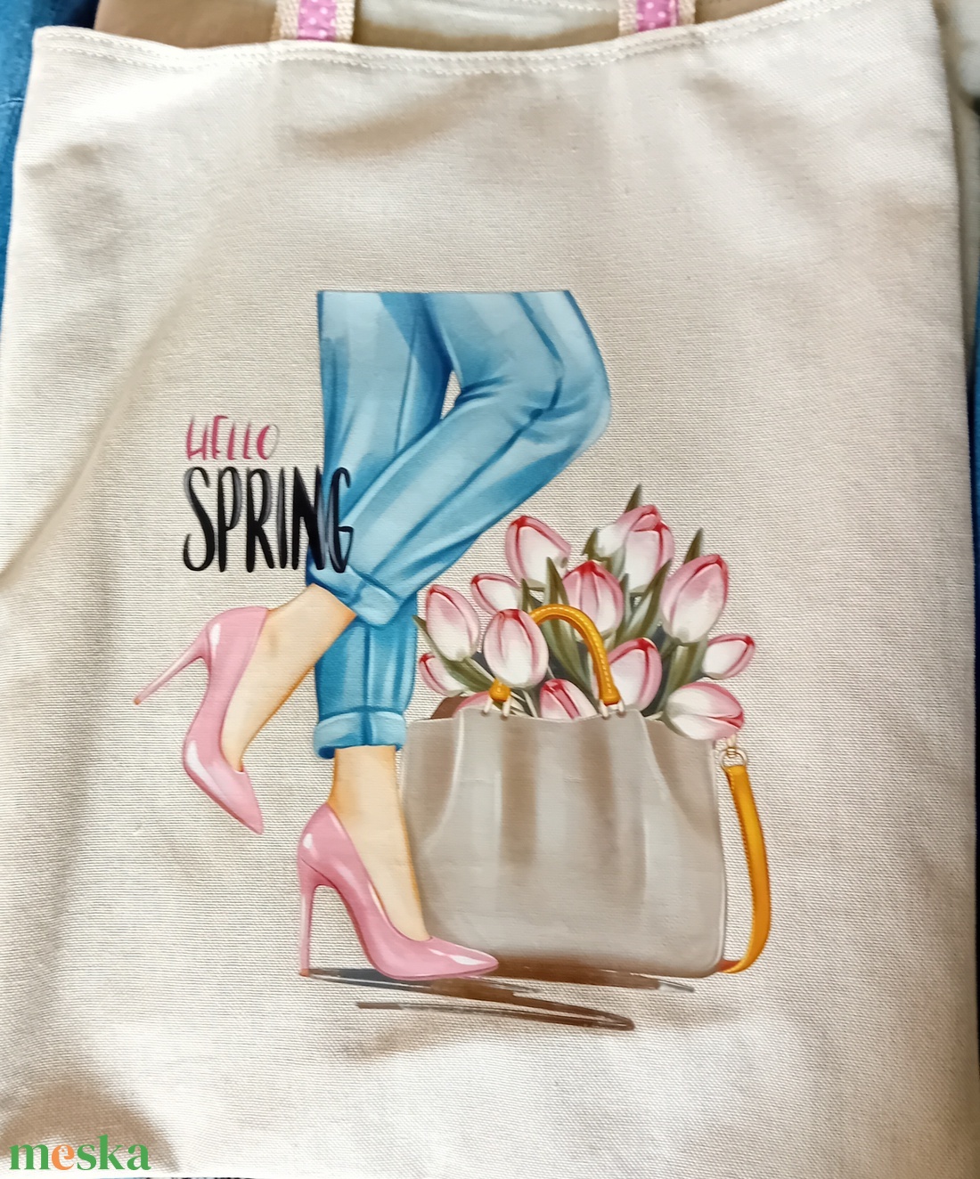 Rózsaszín cipős női táska Hello tavasz felirattal - táska & tok - bevásárlás & shopper táska - shopper, textiltáska, szatyor - Meska.hu