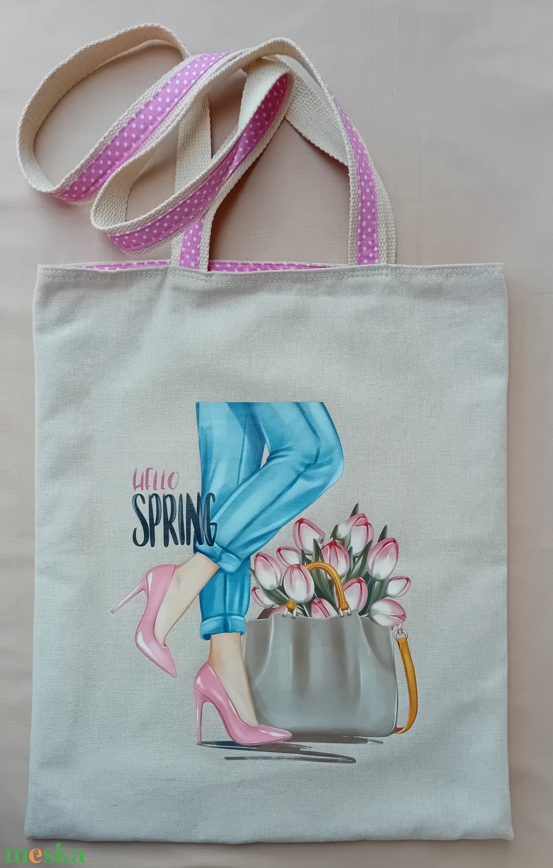 Rózsaszín cipős női táska Hello tavasz felirattal - táska & tok - bevásárlás & shopper táska - shopper, textiltáska, szatyor - Meska.hu