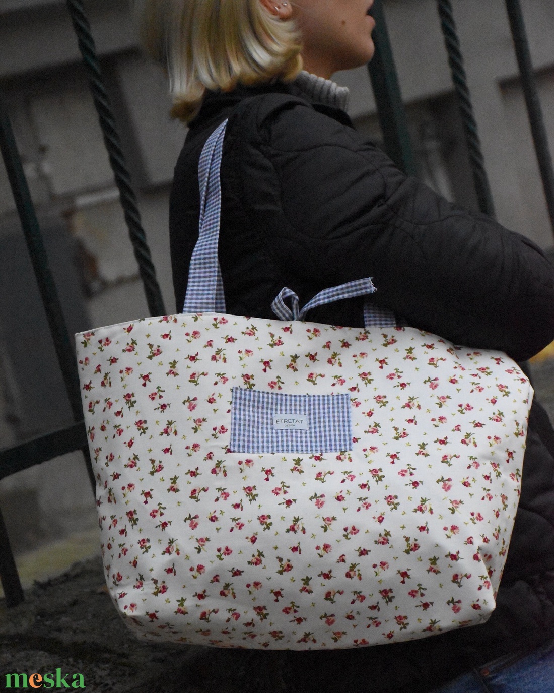 Virágos - kockás shopper - táska & tok - kézitáska & válltáska - nagy pakolós táska - Meska.hu