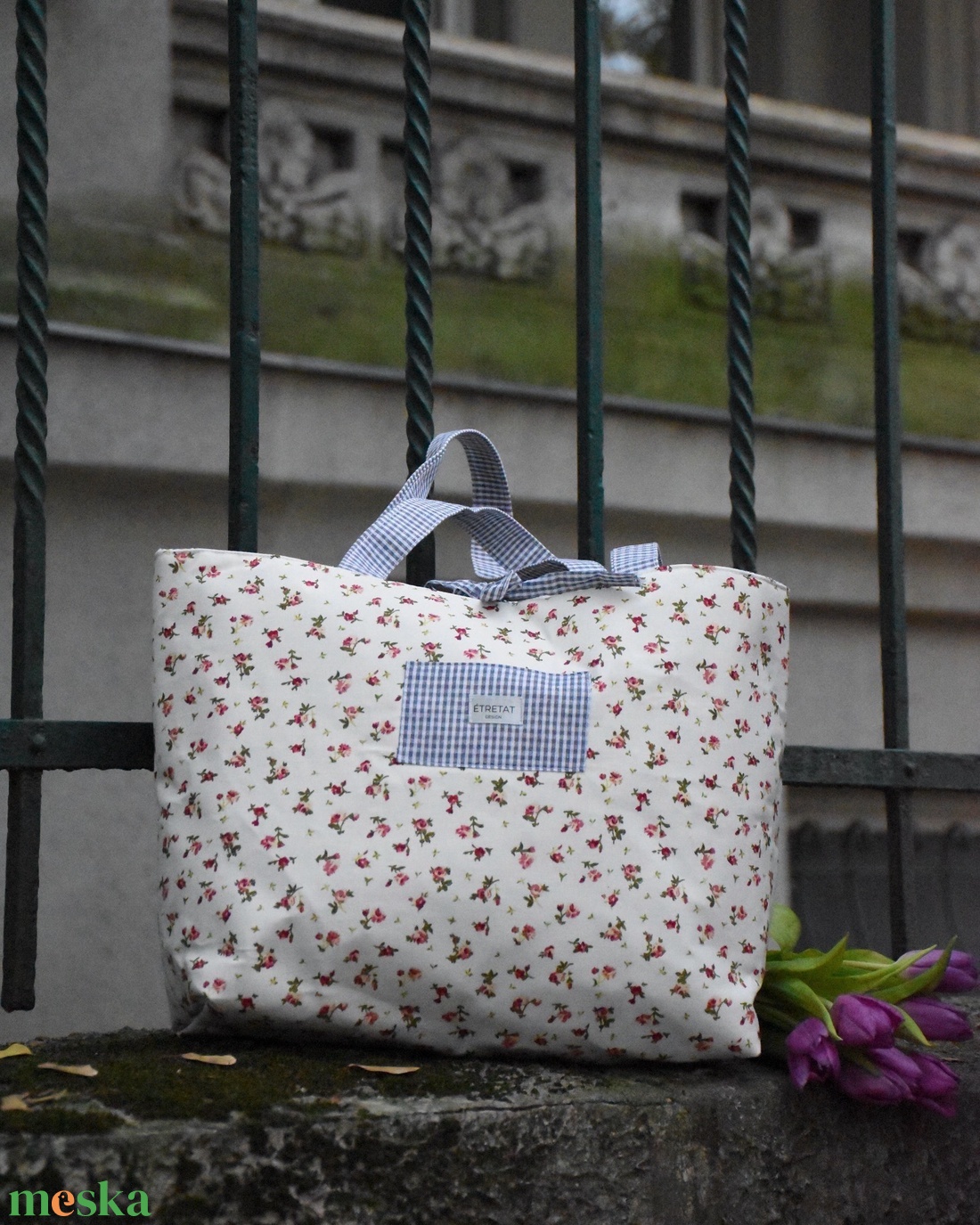 Virágos - kockás shopper - táska & tok - kézitáska & válltáska - nagy pakolós táska - Meska.hu