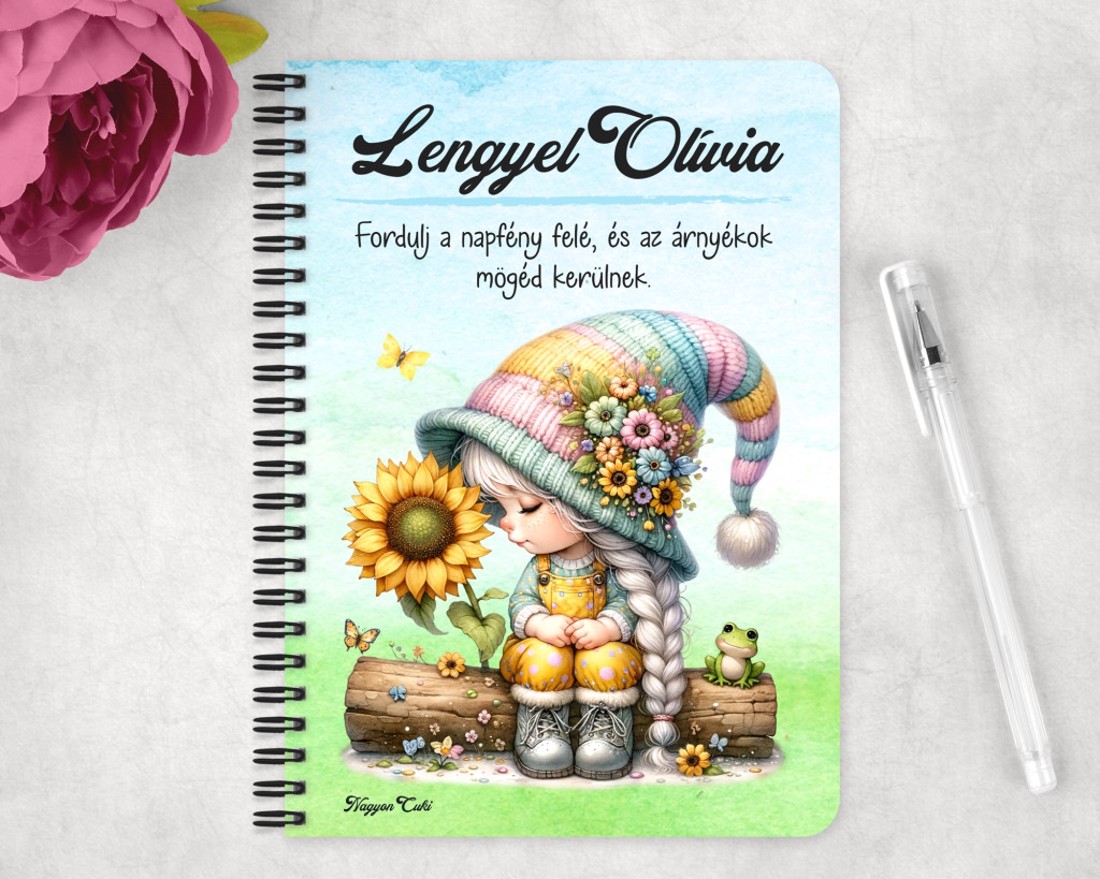 Személyre szabható - Napraforgós manó lány cuki békával mintás A5-ös füzet - otthon & életmód - papír, írószer - jegyzetfüzet & napló - Meska.hu