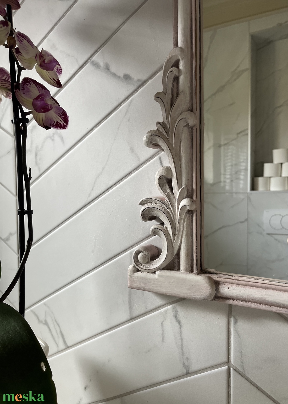 Pasztell rózsaszín és tört fehér vintage tükör - otthon & életmód - dekoráció - tükör - Meska.hu