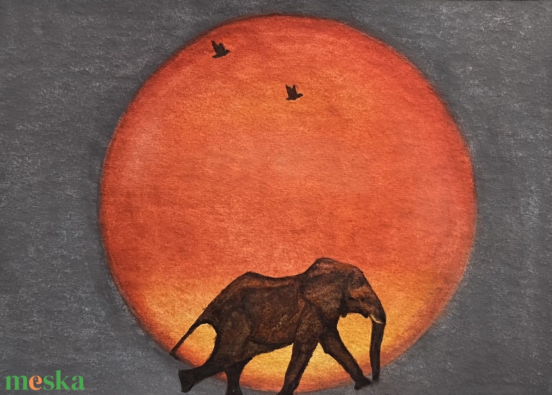 Akvarell festmény - Elefánt naplementében - művészet - festmény - akvarell - Meska.hu