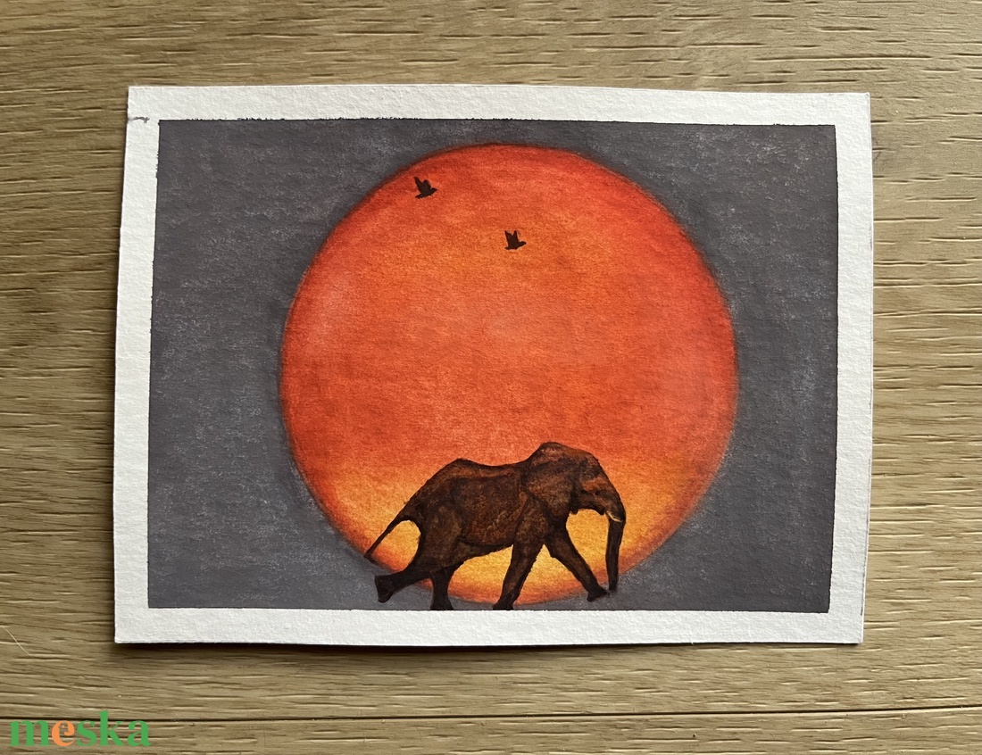 Akvarell festmény - Elefánt naplementében - művészet - festmény - akvarell - Meska.hu
