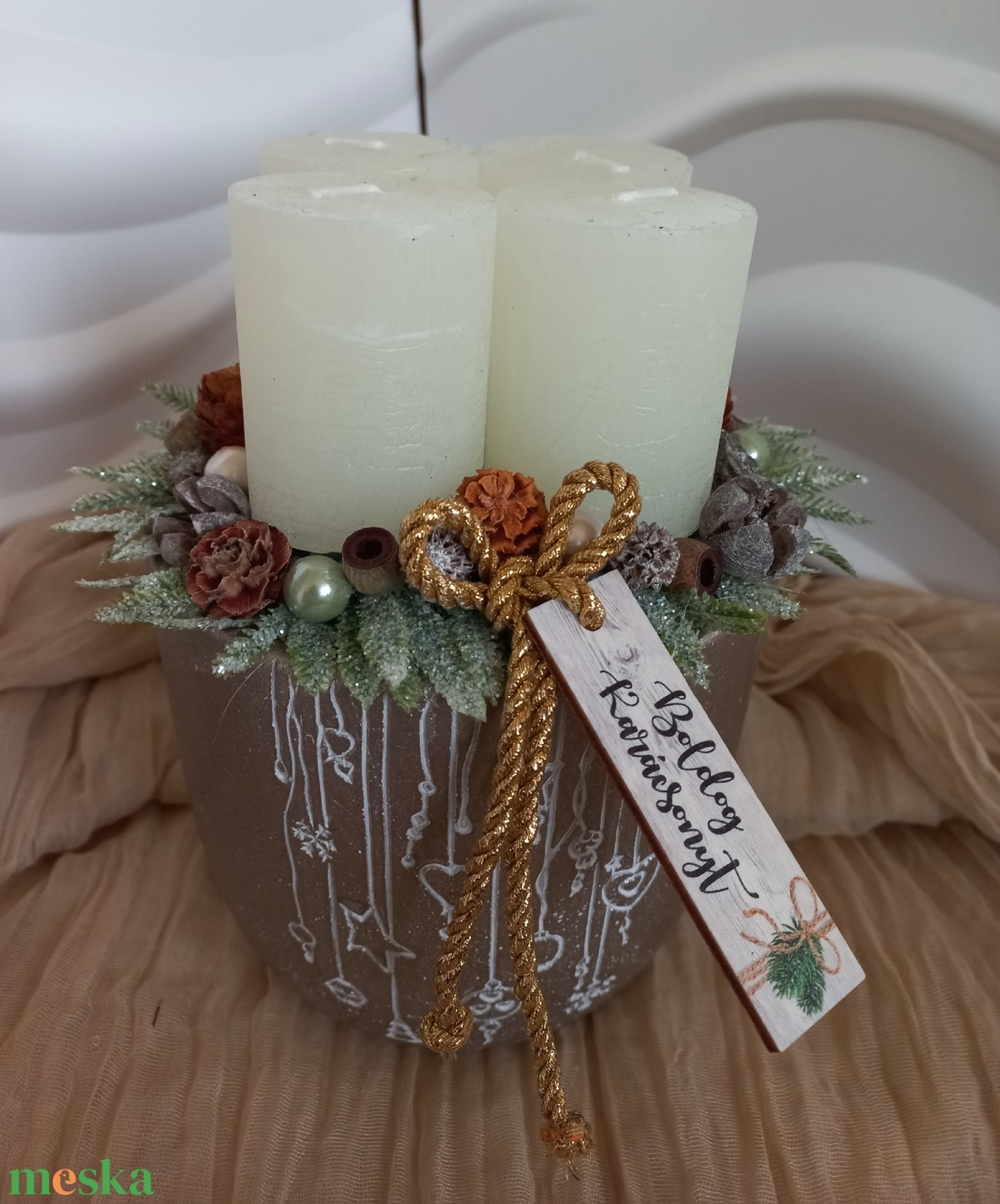 Arany fehér adventi kaspó - karácsony - adventi díszek - adventi koszorú - Meska.hu