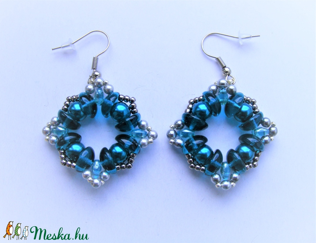 Kékeszöld négyzet fülbevaló - ékszer - fülbevaló - lógó fülbevaló - Meska.hu