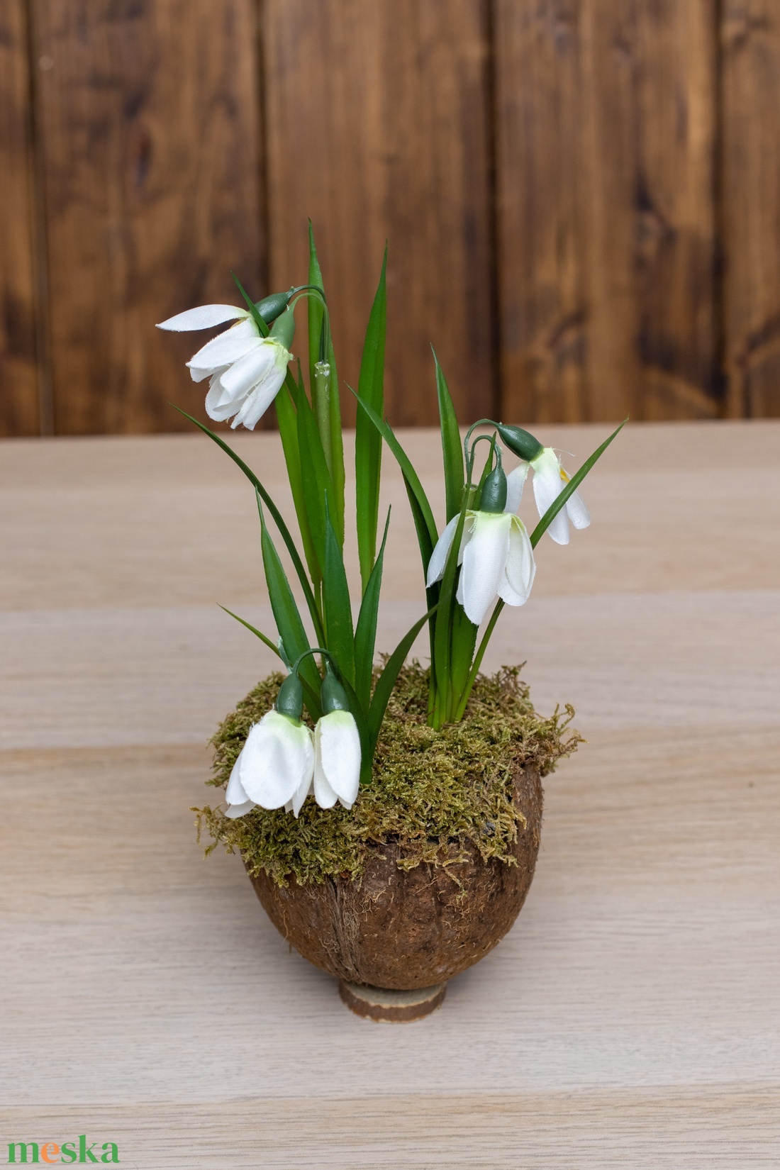 Tavaszi Hóvirág asztaldísz - kókuszdióban - otthon & lakás - dekoráció - asztal és polc dekoráció - asztaldísz - Meska.hu