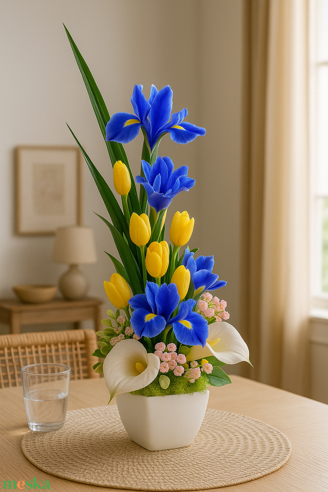Kézzel készült kék-sárga virágkompozíció írisz, tulipán, kála  asztaldísz fehér kaspóban (40 cm) - Csodás és élethű  - otthon & életmód - dekoráció - asztal és polc dekoráció - asztaldísz - Meska.hu