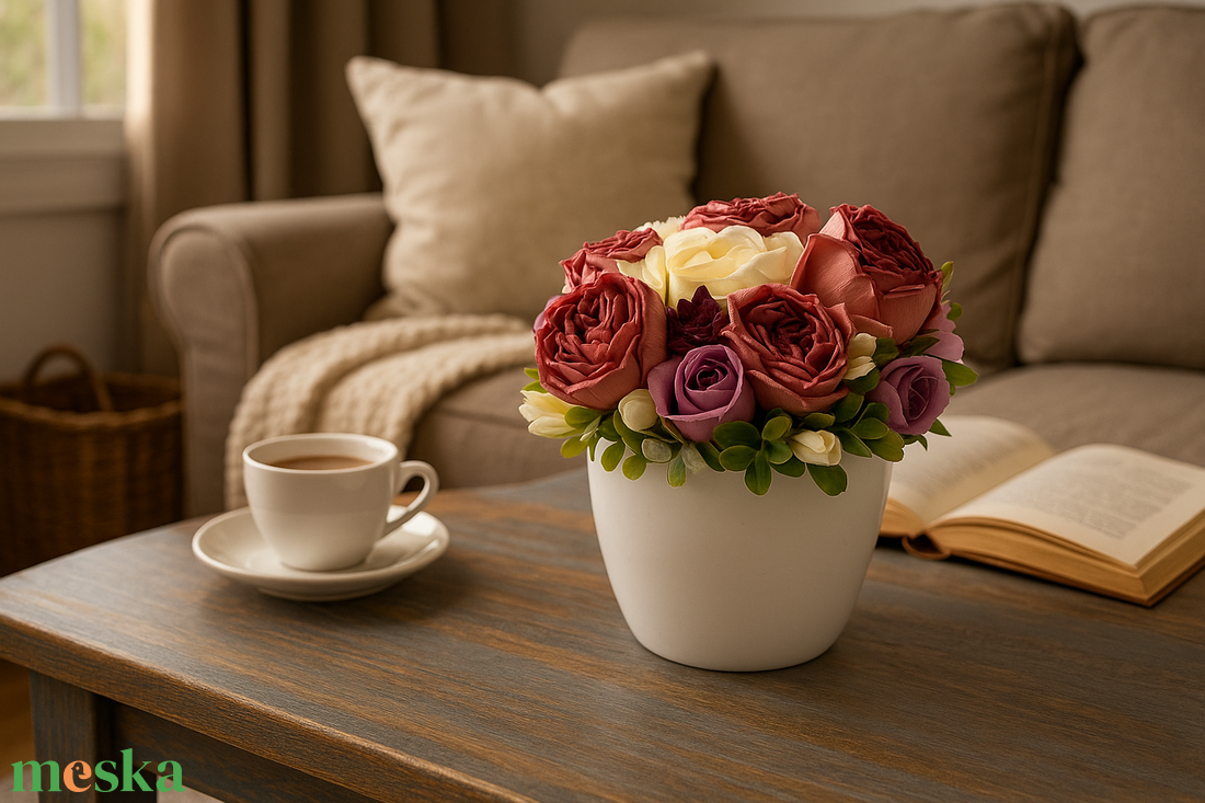 Romantikus bordó-lila selyemvirág asztaldísz fehér kaspóban  elegáns dekoráció ajándékba vagy otthonra - Selyemrózsák - otthon & életmód - dekoráció - asztal és polc dekoráció - asztaldísz - Meska.hu