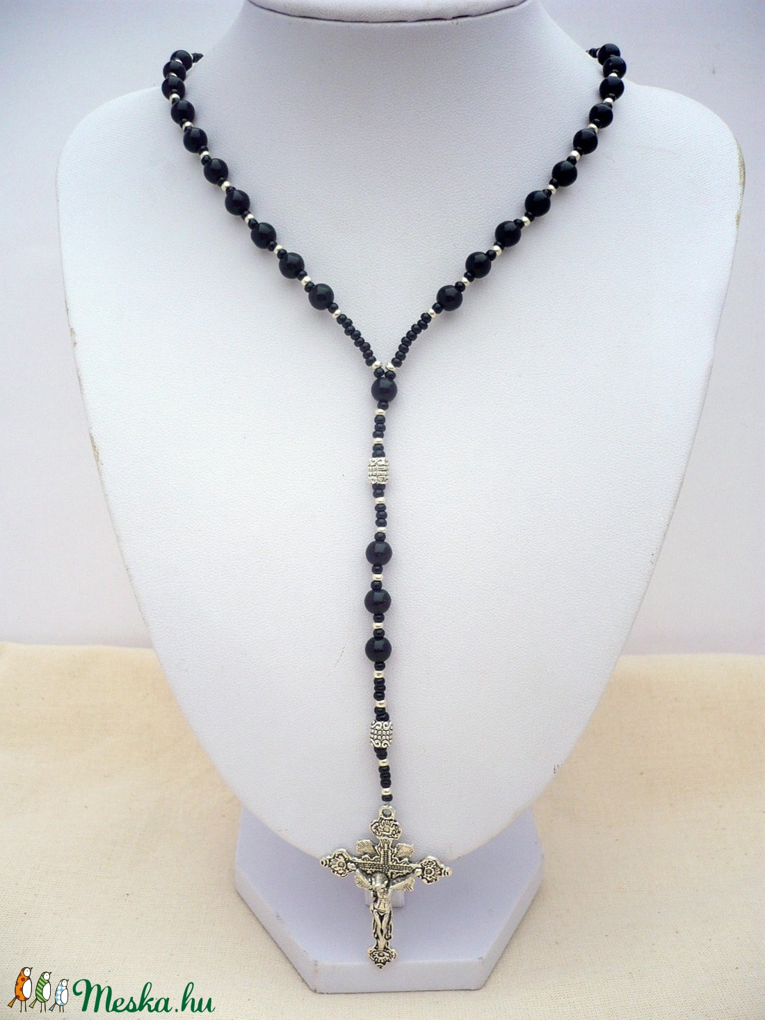 Fekete -ezüst férfi rózsafüzér rózsafüzér nyaklánc , férfi nyaklánc,  férfi ékszer, Meska -  - Meska.hu
