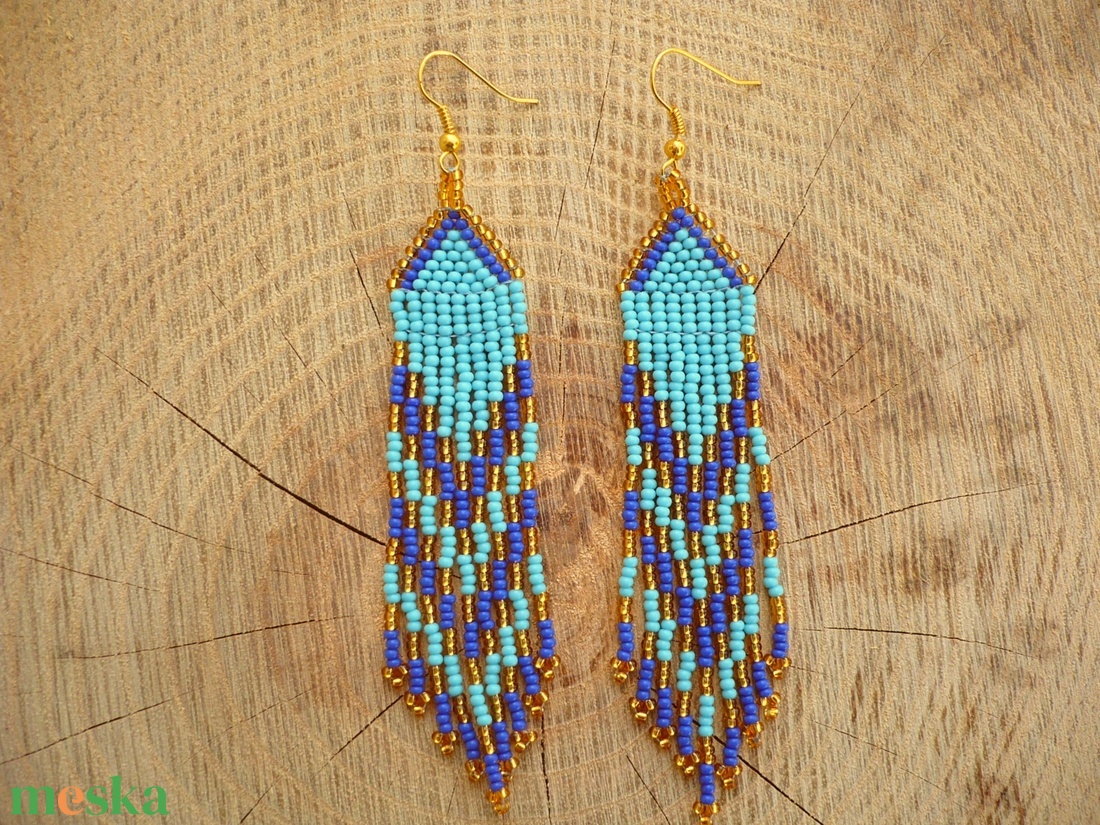 Türkiz-kék-arany gyöngy fülbevaló, gyöngy ékszer - ékszer - fülbevaló - csillár fülbevaló - Meska.hu