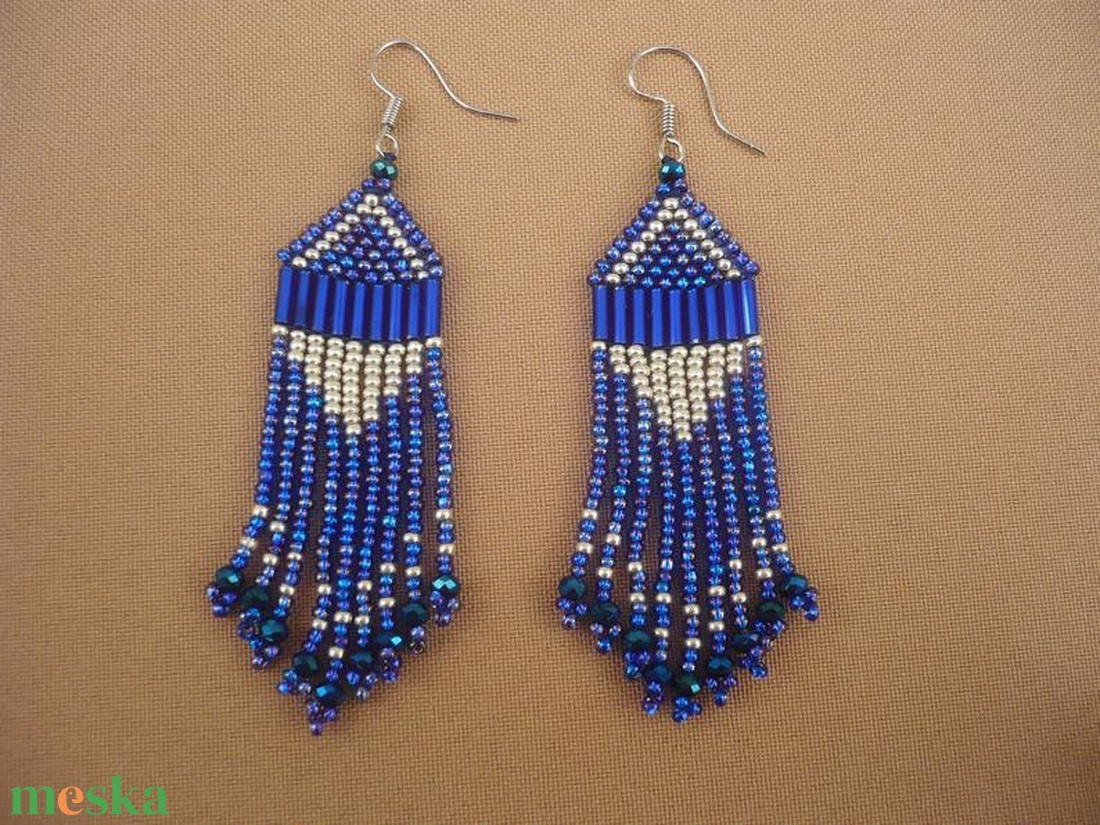 Királykék (zafírkék)-ezüst gyöngy lógós, hosszú fülbevalók, ajándék - ékszer - fülbevaló - csillár fülbevaló - Meska.hu