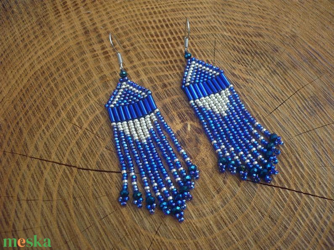 Királykék (zafírkék)-ezüst gyöngy lógós, hosszú fülbevalók, ajándék - ékszer - fülbevaló - csillár fülbevaló - Meska.hu