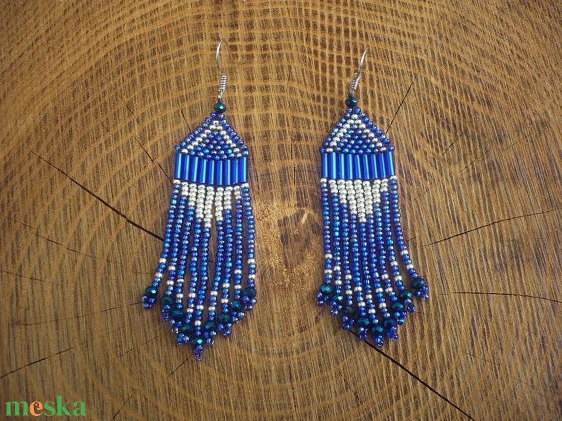 Királykék (zafírkék)-ezüst gyöngy lógós, hosszú fülbevalók, ajándék - ékszer - fülbevaló - csillár fülbevaló - Meska.hu