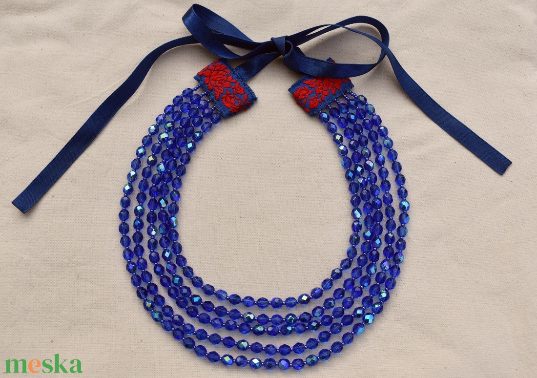 5 soros kék csiszolt üveg gyöngy kaláris - ékszer - nyaklánc - gyöngyös nyaklánc - Meska.hu