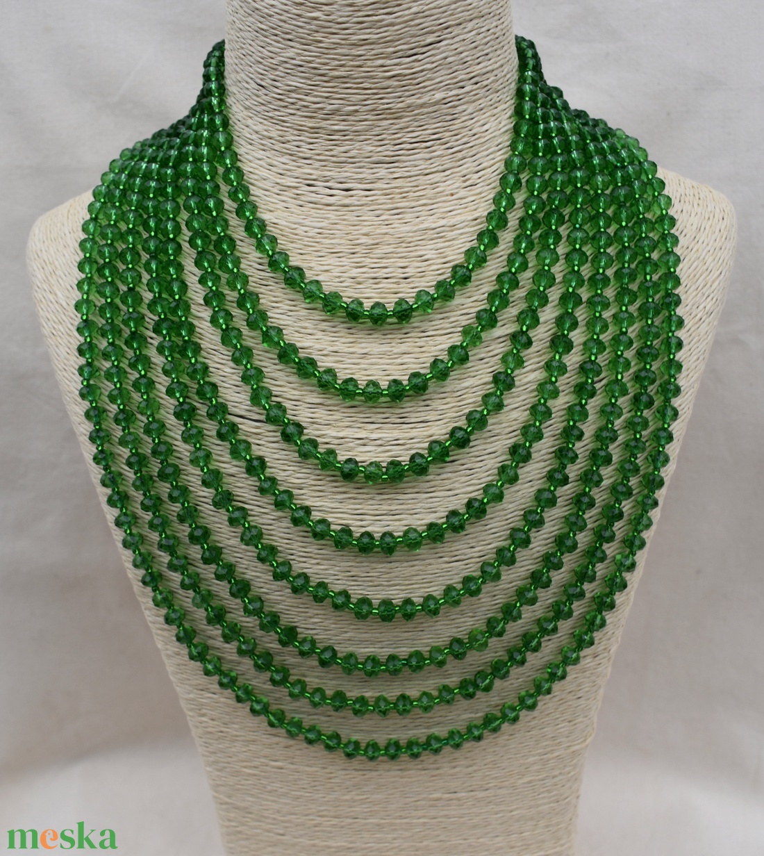 8 soros zöld színű üveg csiszolt gyöngy kaláris - ékszer - nyaklánc - gyöngyös nyaklánc - Meska.hu