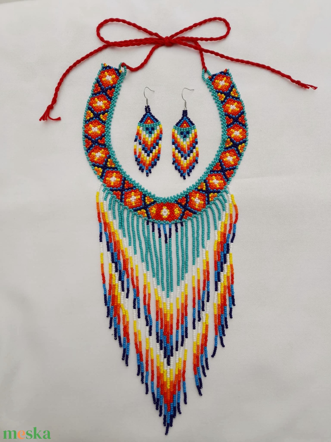 Indián nyaklánc-fülbevaló szett - ékszer - nyaklánc - gyöngyös nyaklánc - Meska.hu