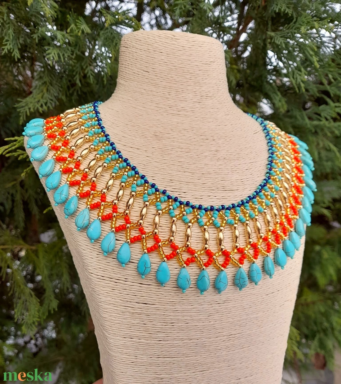 Egyiptomi nyaklánc türkiz gyöngyökkel - ékszer - nyaklánc - gyöngyös nyaklánc - Meska.hu