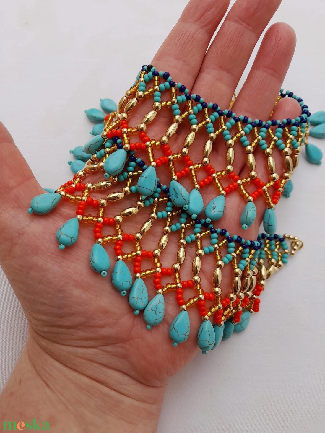 Egyiptomi nyaklánc türkiz gyöngyökkel - ékszer - nyaklánc - gyöngyös nyaklánc - Meska.hu