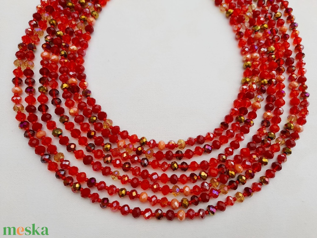 Hétsoros, piros mix csiszolt üveggyöngy kaláris, néptánckellék, néptáncos kiegészítő, népi ékszer - ékszer - nyaklánc - gyöngyös nyaklánc - Meska.hu