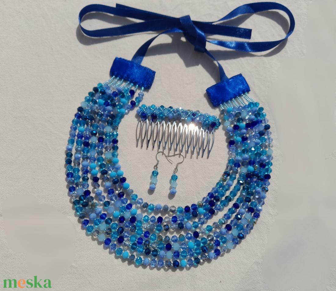 Hétsoros, kék mix csiszolt üveggyöngy kaláris szett, néptánckellék, néptáncos kiegészítő, népi ékszer - ékszer - nyaklánc - gyöngyös nyaklánc - Meska.hu