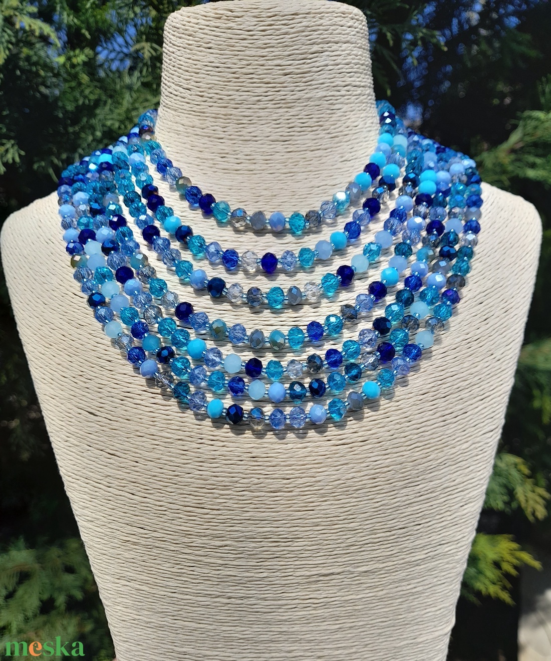 Hétsoros, kék mix csiszolt üveggyöngy kaláris szett, néptánckellék, néptáncos kiegészítő, népi ékszer - ékszer - nyaklánc - gyöngyös nyaklánc - Meska.hu