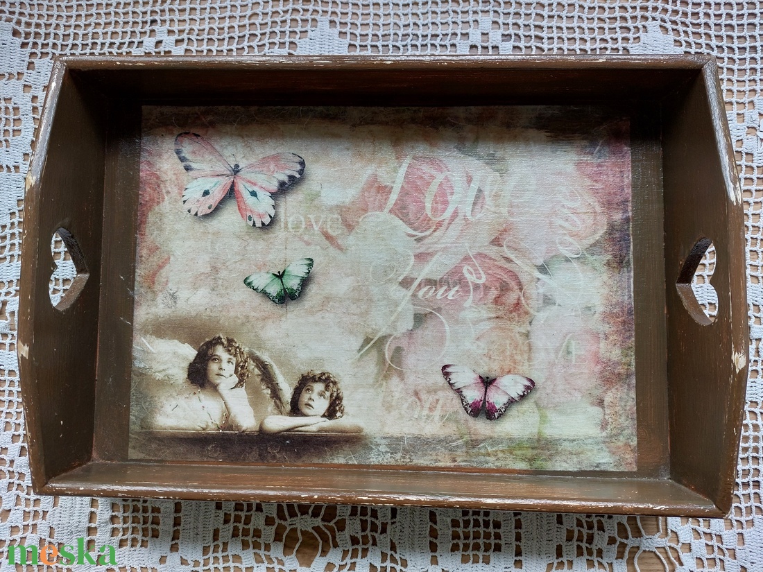 Angyalos-lepkés-virágos fatálca - otthon & életmód - konyhafelszerelés, tálalás - tálalás - tálca - Meska.hu