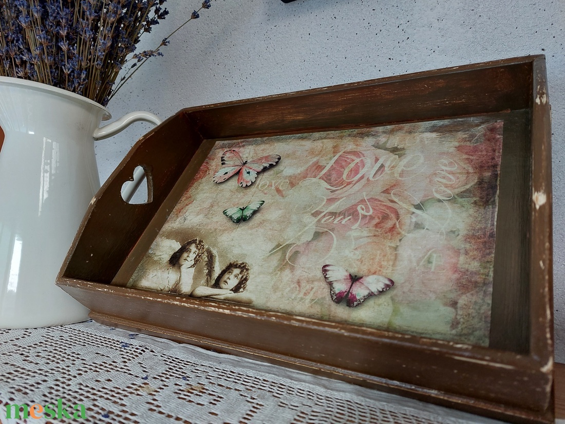 Angyalos-lepkés-virágos fatálca - otthon & életmód - konyhafelszerelés, tálalás - tálalás - tálca - Meska.hu