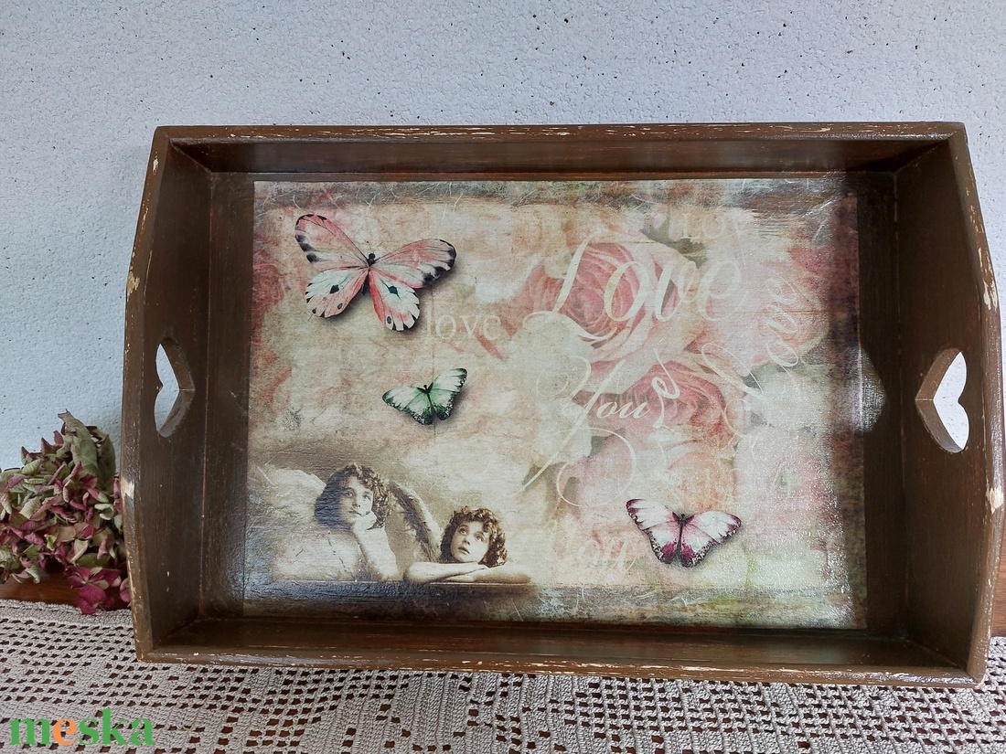 Angyalos-lepkés-virágos fatálca - otthon & életmód - konyhafelszerelés, tálalás - tálalás - tálca - Meska.hu