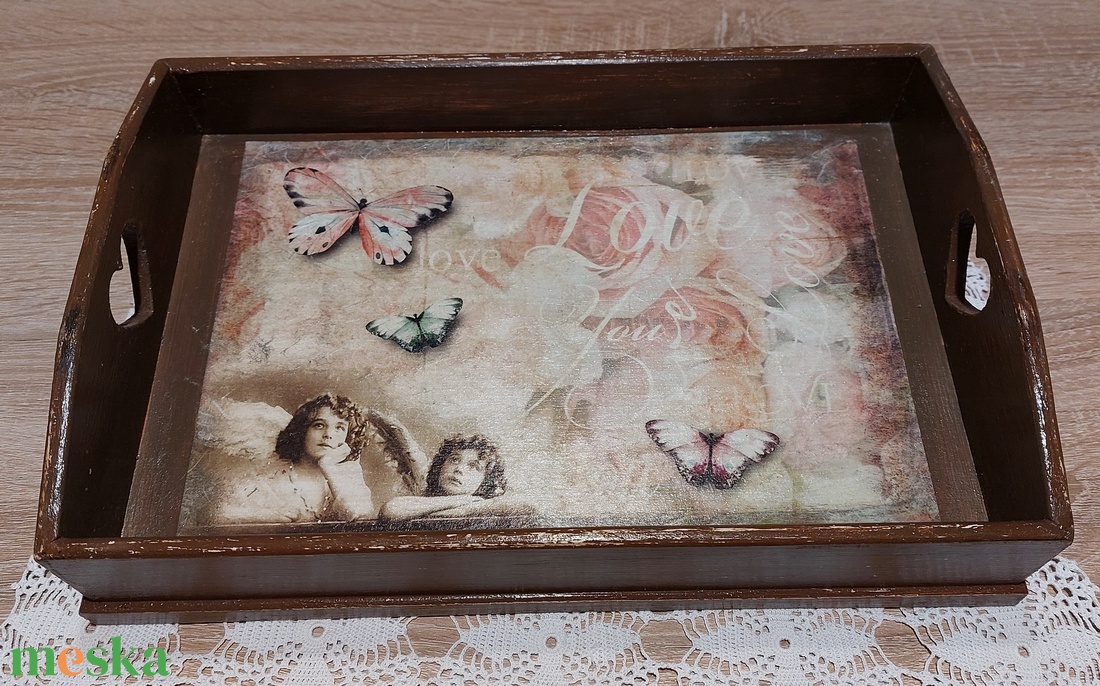 Angyalos-lepkés-virágos fatálca - otthon & életmód - konyhafelszerelés, tálalás - tálalás - tálca - Meska.hu