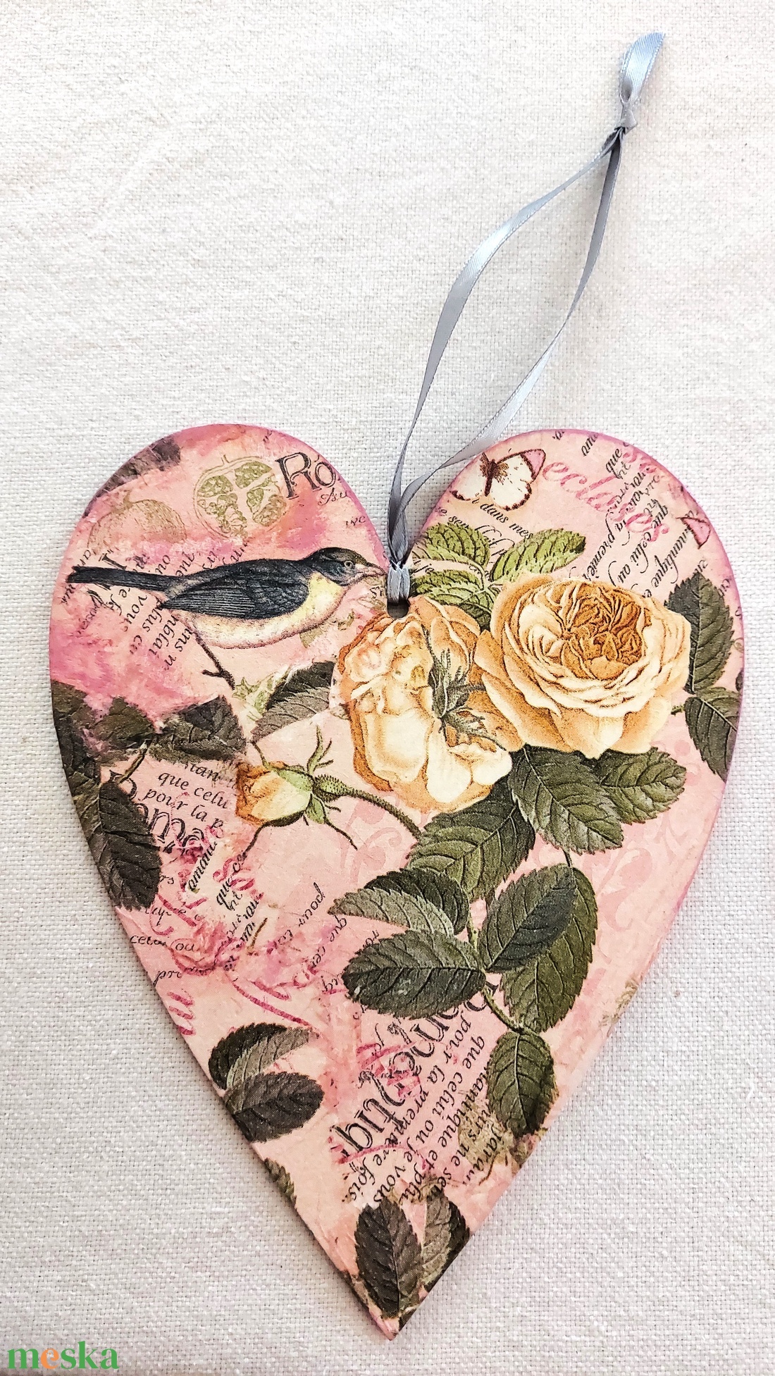 Romantikus rózsás-madaras szívek - otthon & életmód - dekoráció - fali és függő dekoráció - függődísz - Meska.hu