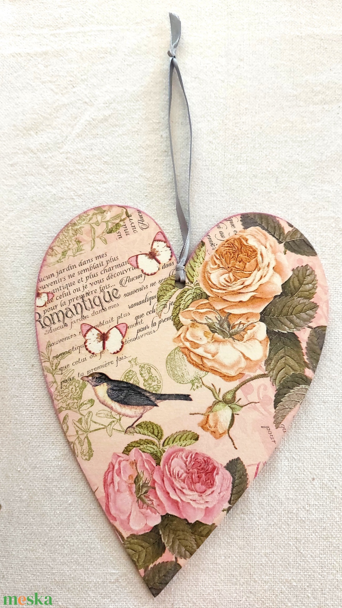 Romantikus rózsás-madaras szívek - otthon & életmód - dekoráció - fali és függő dekoráció - függődísz - Meska.hu